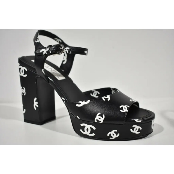 Chanel 22S Black White Lambskin CC Logo Platform Strap Block Heel Sandal 39 - Picture 3 of 12